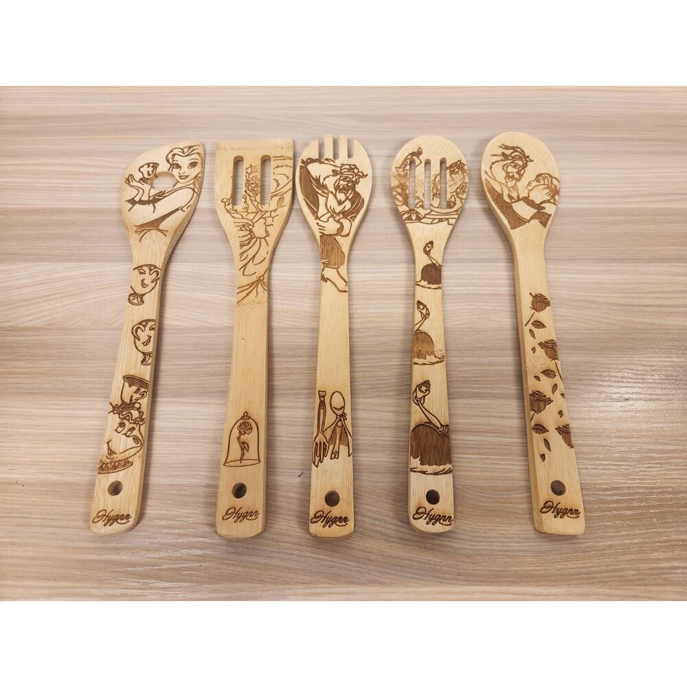 Hygnn Beauty and the Beast Burned Wooden Cooking & Serving Set Bamboo‎